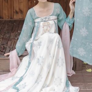 Pink and teal Chinese hanfu Tang dynasty qixiong 3 piece set
